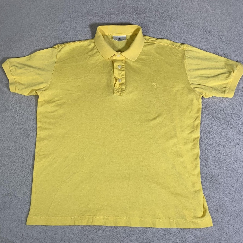 Valentino Studio Polo Shirt Mens Large 5 Yellow Solid Cotton Logo Classic Knit
